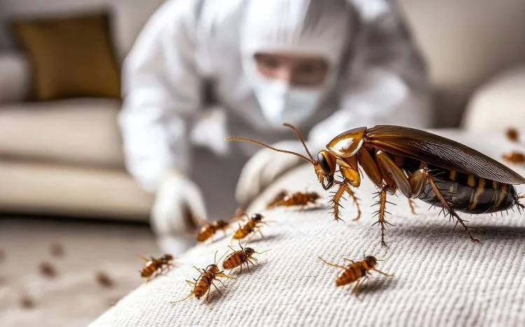 Cockroach activity with a pest-control technician in the background